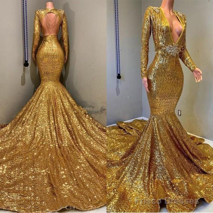 2025 Sexy Mermaid Gold V Neck Backless Long Sleeves Sequence African American Prom Dresses