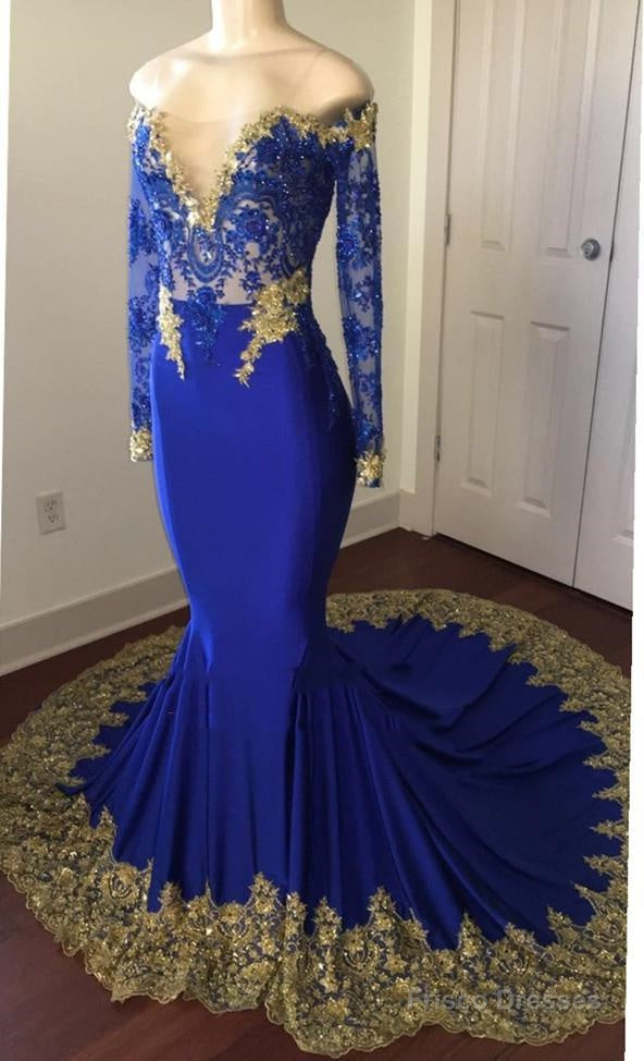 2025 Sexy Mermaid Royal Blue And Gold Appliques Long Sleeves V Neck Off Shoulder Prom Dress Main image