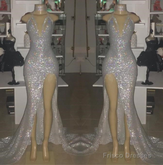 2025 Sexy Silver Halter V-neck Side Split Sequins Prom Dresses