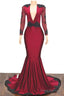 2025 Elegant Mermaid/Trumpet V Neck Long Sleeve Applique Beaded Backless Satin Prom Dresses