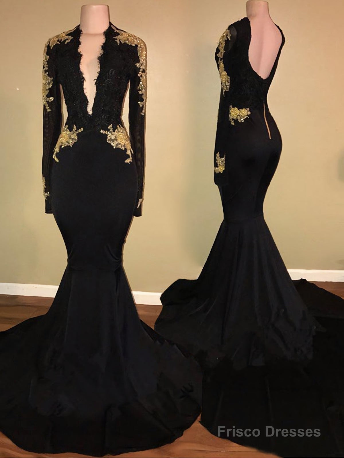 Deep V Neck Backless Long Sleeve Satin Black Mermaid Appliques 2025 Prom Dresses Main image