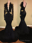 Deep V Neck Backless Long Sleeve Satin Black Mermaid Appliques 2025 Prom Dresses