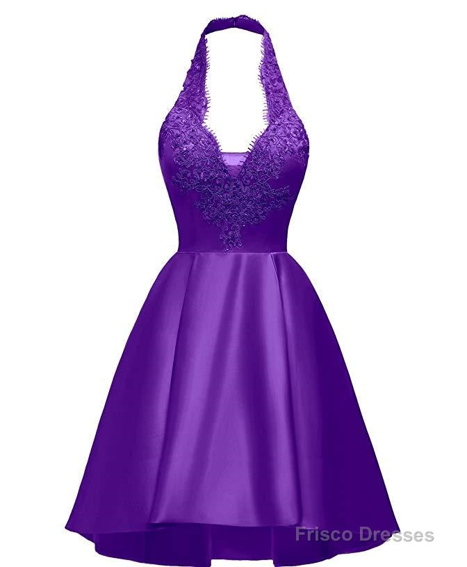 Halter Deep V Neck Satin Appliques Purple Backless Pleated A Line Homecoming Dresses Main image