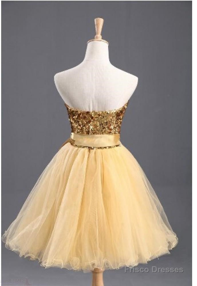 Strapless Sweetheart Backless Light Yellow Sequins Bow Knot A Line Homecoming Dresses Secondary image