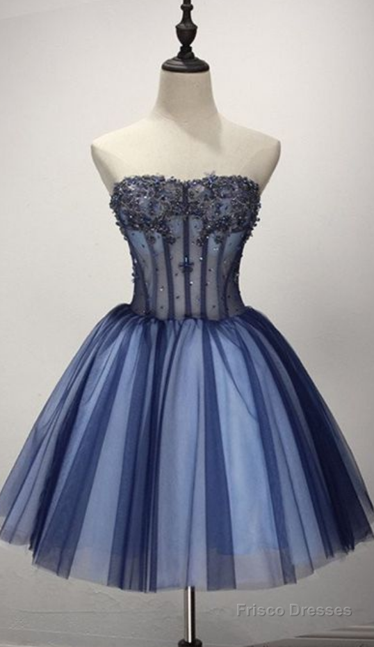 Strapless Appliques Tulle Beaded Pleated Dark Blue Cute Elegant Homecoming Dresses Main image