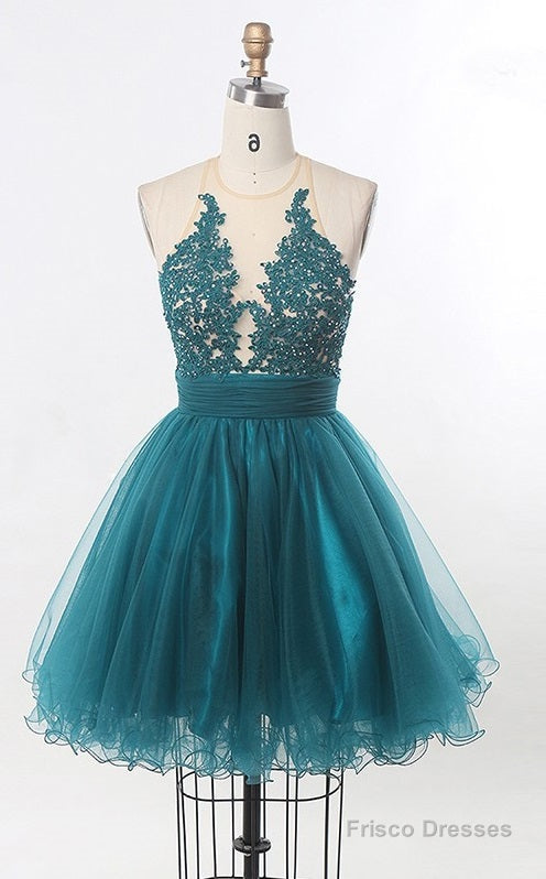 A Line Scoop Sleeveless Sheer Appliques Tulle Pleated Ruched Backless Homecoming Dresses Main image