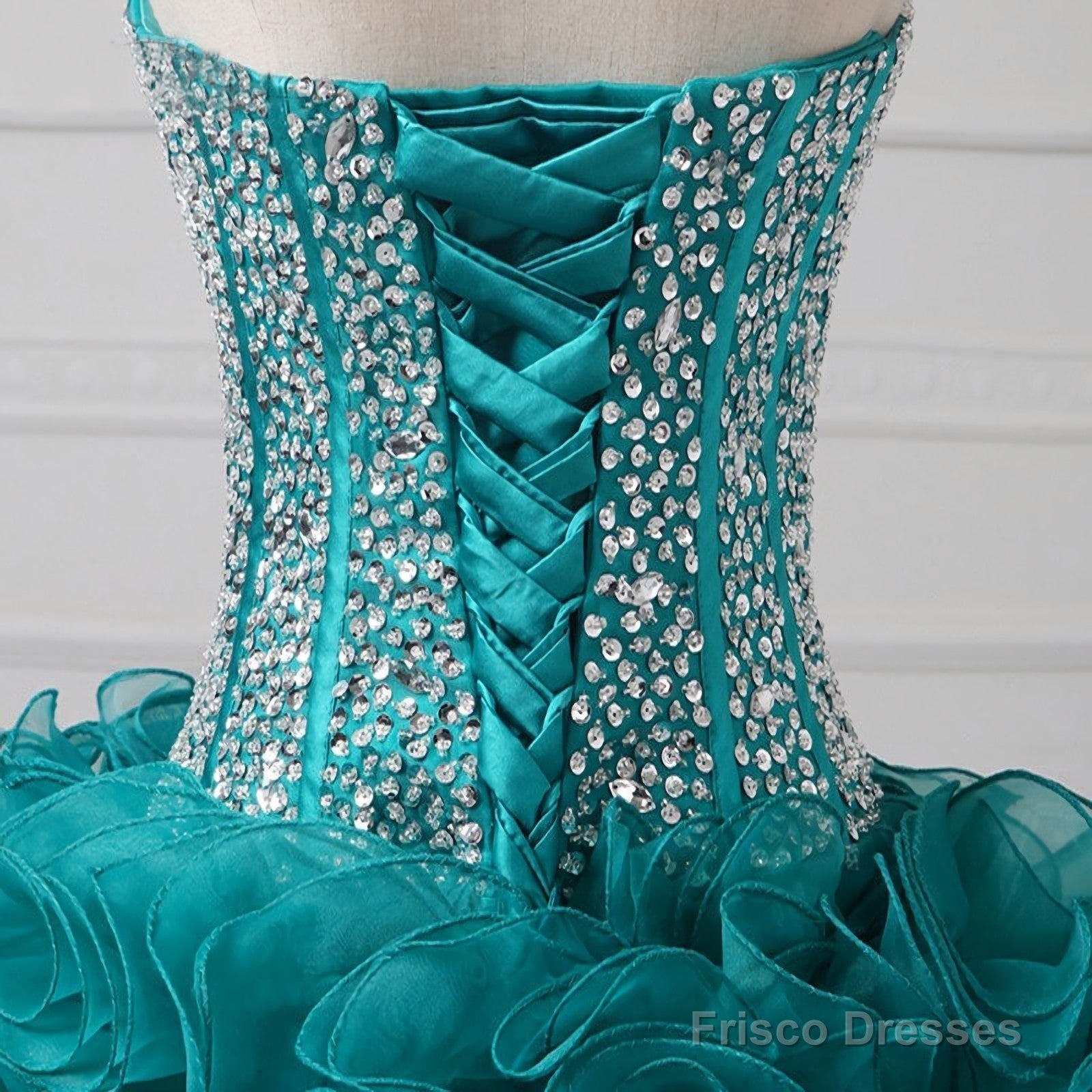 Ruffles Strapless Sweetheart Backless Rhinestone Organza Teal Homecoming Dresses Secondary image