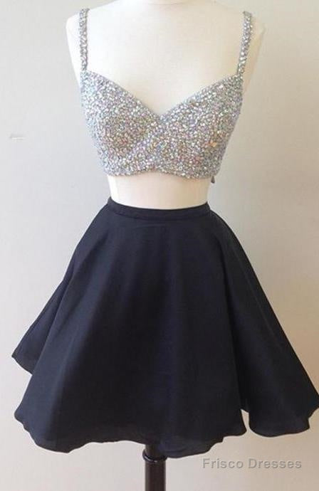 V Neck Two Pieces Sleeveless Rhinestone Sparkle A Line Pleated Chiffon Homecoming Dresses Secondary image
