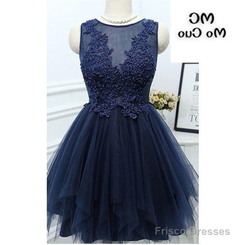 Jewel Sleeveless Appliques Beading A Line Tulle Sheer Pleated Dark Navy Homecoming Dresses Main image