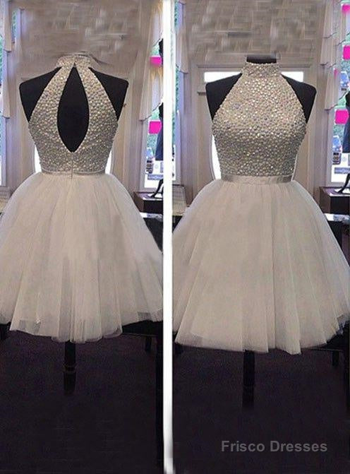 Tulle Sleeveless Halter Backless Cut Out Pleated A Line White Beading Homecoming Dresses Main image