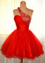 One Shoulder Red Sleeveless A Line Organza Pleated Rhinestone Homecoming Dresses