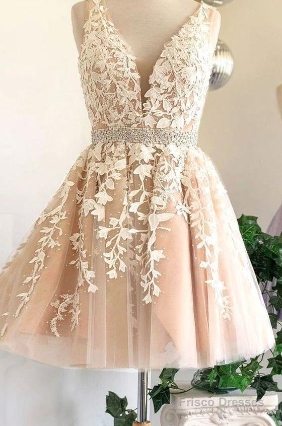 Deep V Neck Ivory Sleeveless A Line Tulle Lace Appliques Pleated Homecoming Dresses