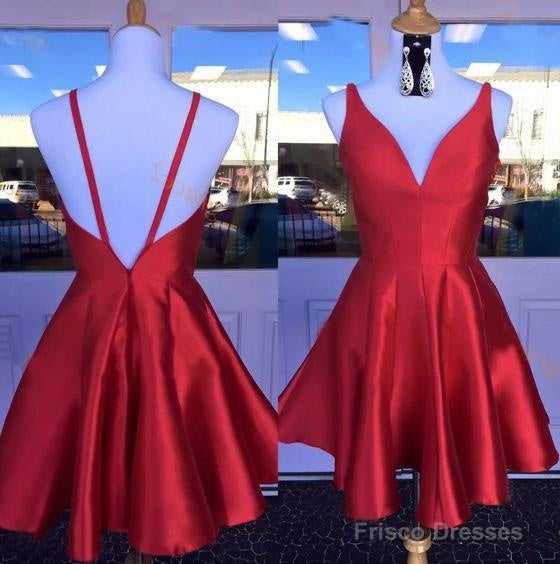 Deep V Neck Red Straps Backless Sleeveless A Line Satin Pleated Homecoming Dresses Main image