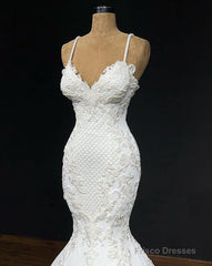 2025 Sexy Mermaid/Trumpet Spaghetti Straps Sweetheart Satin Applique Wedding Dresses
