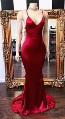 2025 New Arrival Red Mermaid V Neck Backless Elastic Satin Prom Dresses