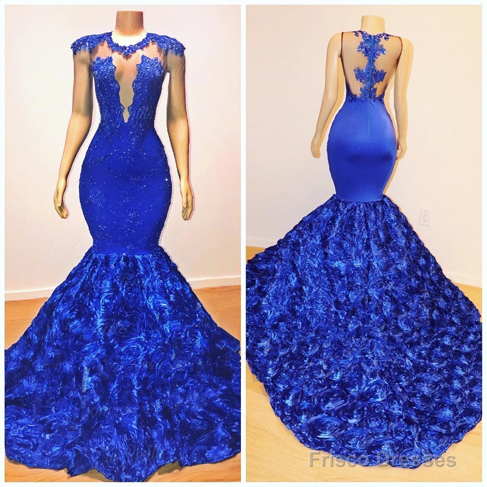 2025 Mermaid Royal Blue Open Front Rose Lace Prom Dresses Main image