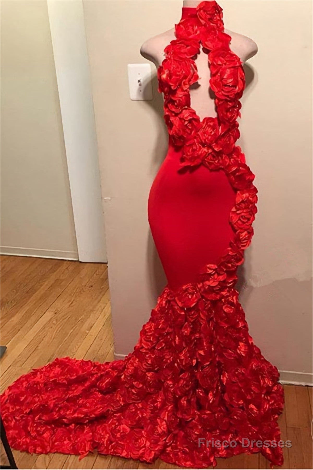 Red Mermaid High Neck Rose Open Front Backless 2025 Prom Dresses Main image