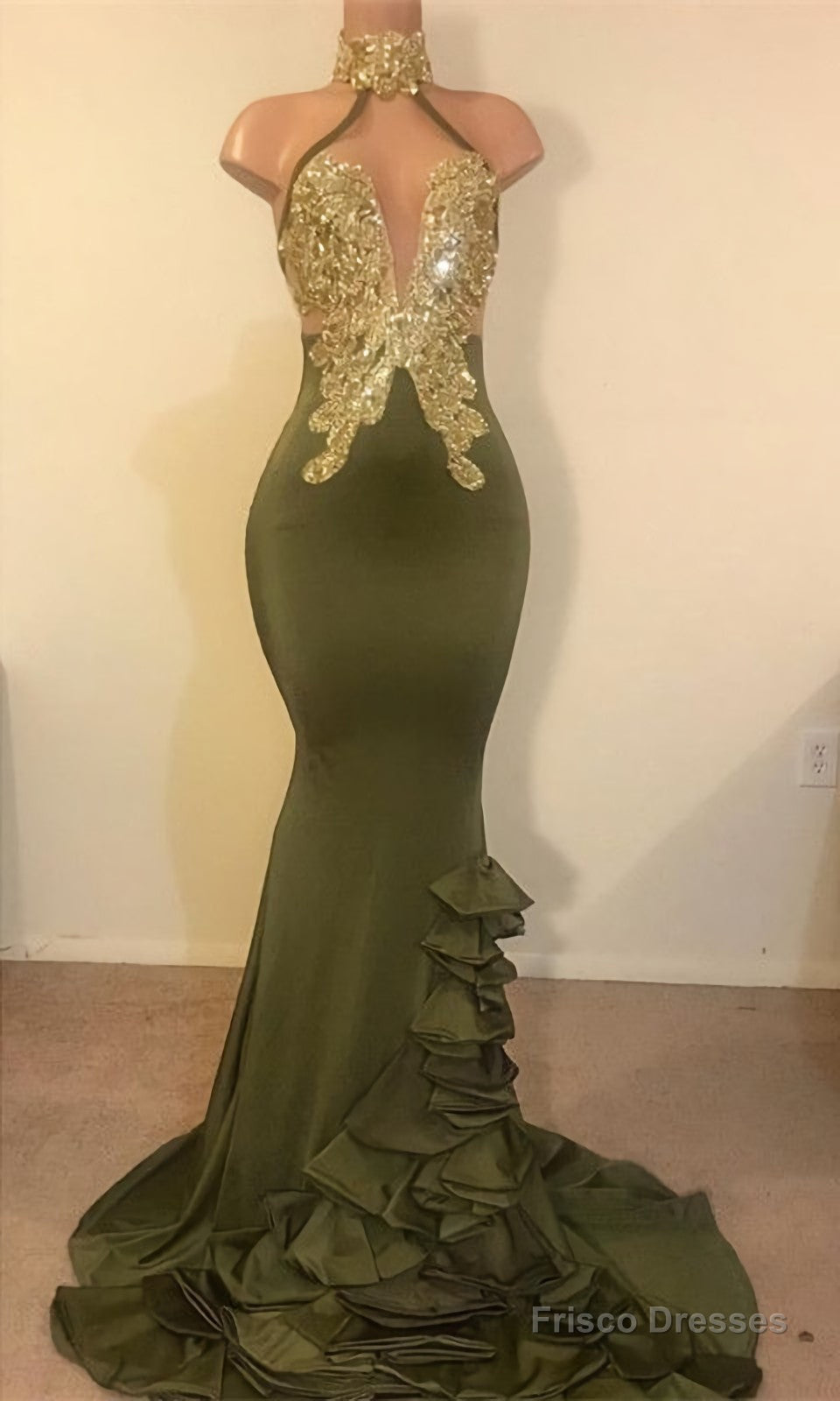 2025 New Arrival Mermaid High Neck Beaded Green Ruch Backless Prom Dresses Main image