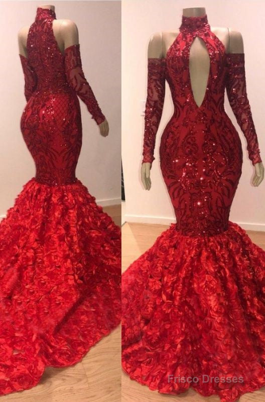 Charming Mermaid High Neck Red Long Sleeves Hollow Out Open Front Lace Prom Dresses 2025 Main image