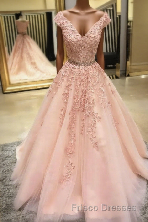 Pink Sleeveless V Neck Tulle Lace Applique Long Formal Prom Dress Main image