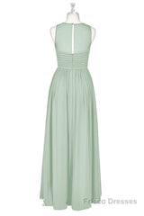 Sage Green Chiffon Sheer Neck A-Line Long Bridesmaid Dress