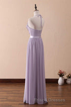 Lilac Halter Open Back Ruffled Long Bridesmaid Dress