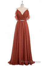 Rust Orange Chiffon Cold-Shoulder Long Bridesmaid Dress