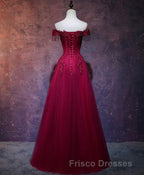 Burgundy Tulle Lace Off Shoulder Long Formal Prom Dress, Burgundy Lace Evening Dress