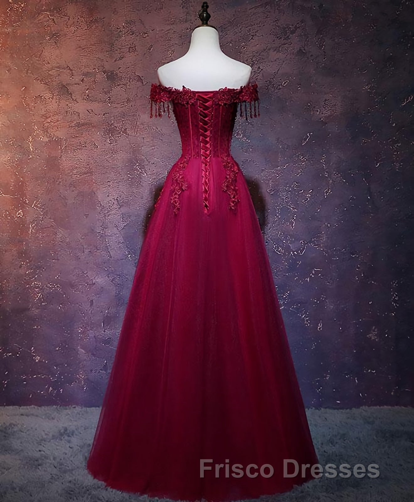 Burgundy Tulle Lace Off Shoulder Long Formal Prom Dress, Burgundy Lace Evening Dress