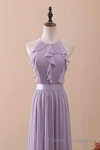 Lilac Halter Open Back Ruffled Long Bridesmaid Dress