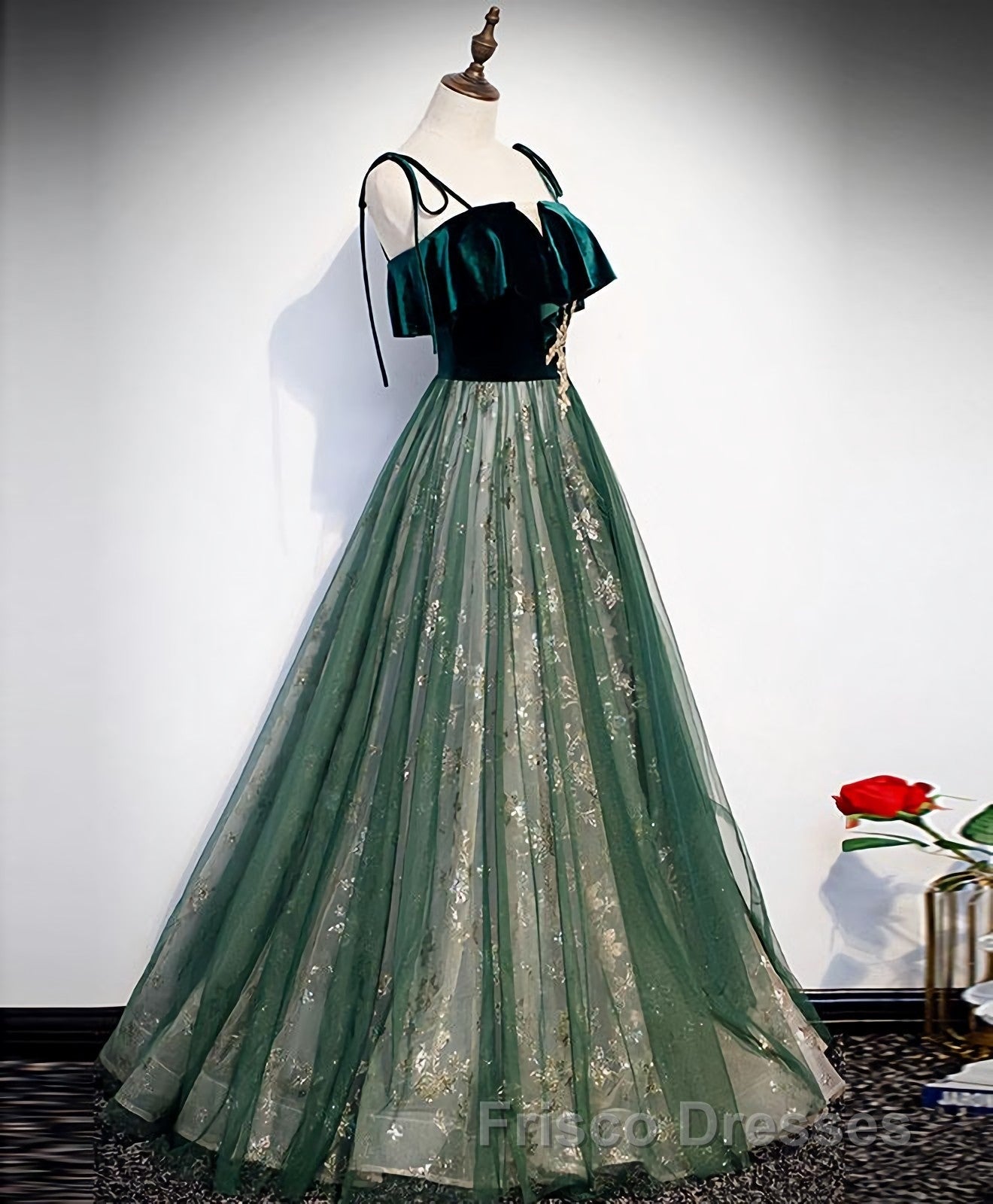 Green Tulle Lace Long Formal Prom Dress, Green Tulle Lace Formal Prom Dress, 1