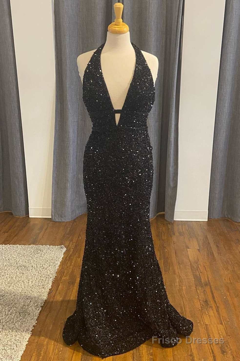 Black Sequin Halter Mermaid Long Prom Dress Main image