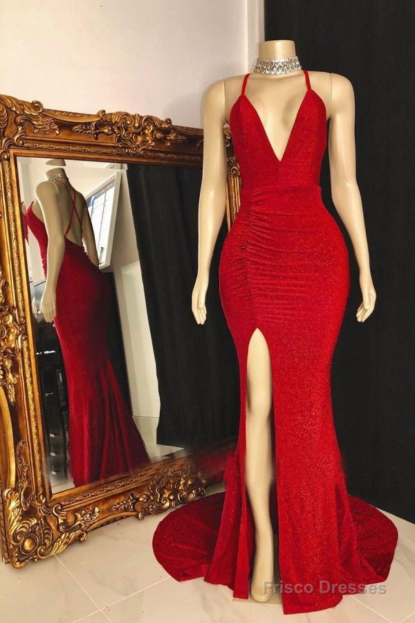 Red Side Slit Sequence V Neck Backless Long Prom Dress 2025 Main image