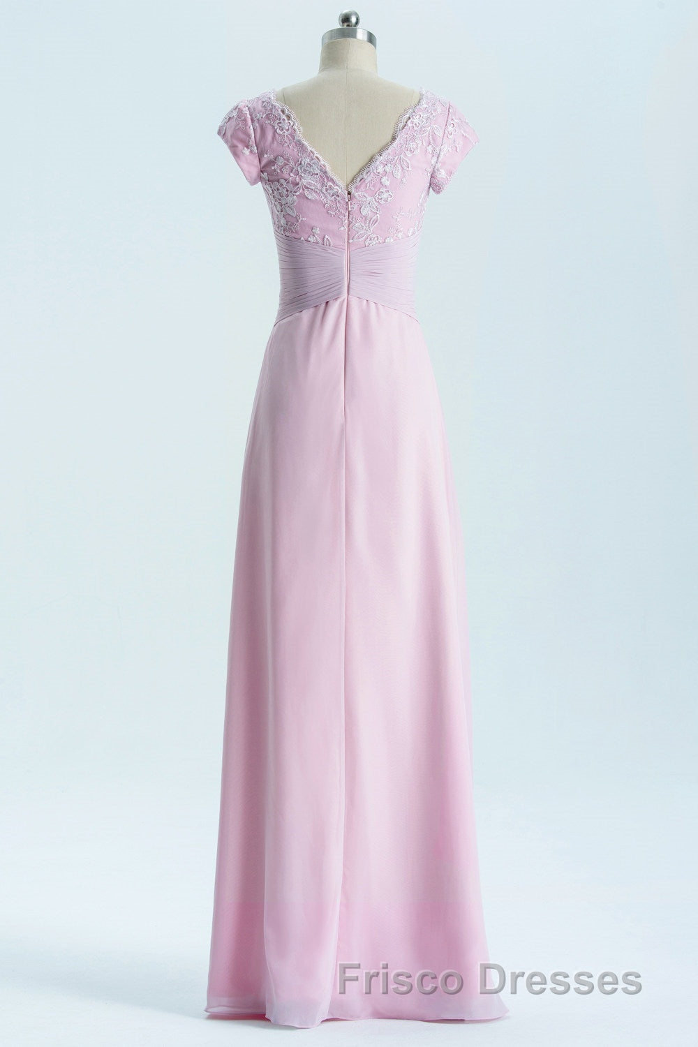 Short Sleeves Pink Appliques Knot Long Bridesmaid Dress