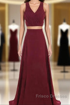 Two Piece Formal Prom Dress A-Line Floor-length Burgundy Chiffon Formal Prom Dress