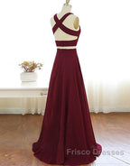 Two Piece Formal Prom Dress A-Line Floor-length Burgundy Chiffon Formal Prom Dress