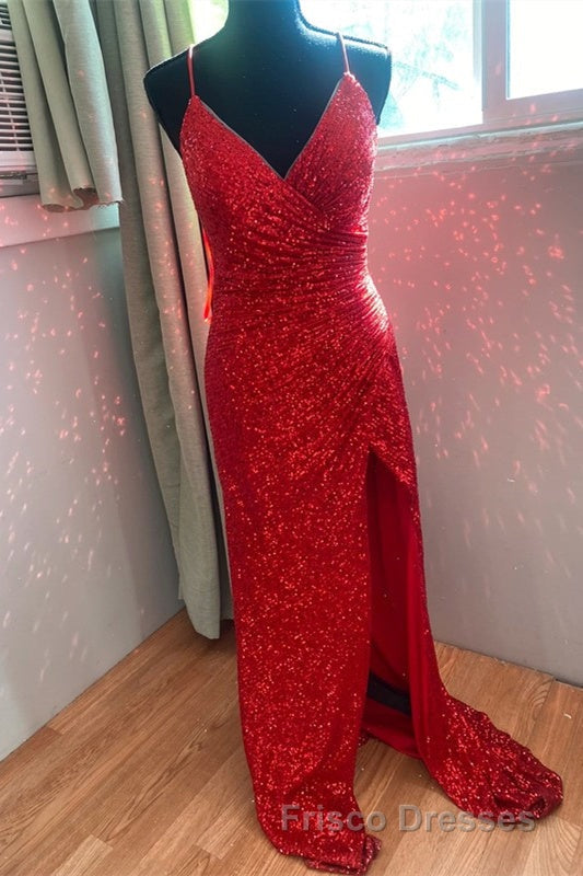 High Slit Blue Sequins Straps Mermaid Formal Prom Dress