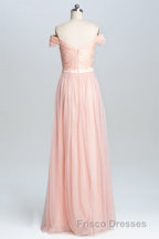 Off the Shoulder Pink Lace and Tulle Long Bridesmaid Dress