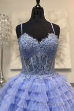 Periwinkle Lace Sweetheart Tiered Long Formal Prom Dress with Ruffles