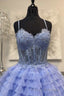 Periwinkle Lace Sweetheart Tiered Long Formal Prom Dress with Ruffles