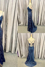 Elegant Navy Blue Long Formal Prom Dress with Lace Appliques