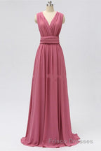 Dusty Rose Chiffon Wrap A-Line Long Bridesmaid Dress