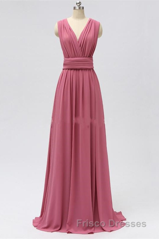 Dusty Rose Chiffon Wrap A-Line Long Bridesmaid Dress