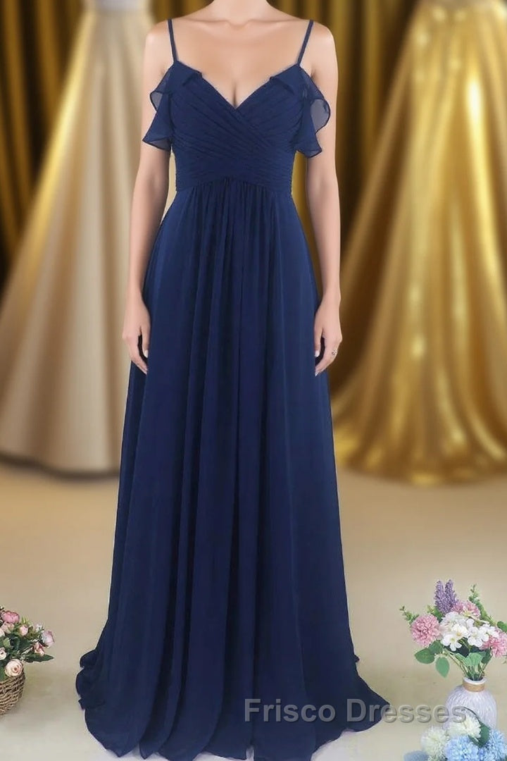Navy Blue Chiffon Cold-Shoulder A-Line Long Bridesmaid Dress