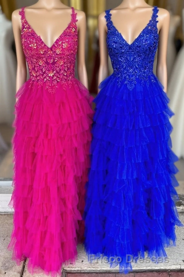 Fuchsia Layers Floral Tulle A-line Long Formal Prom Dress