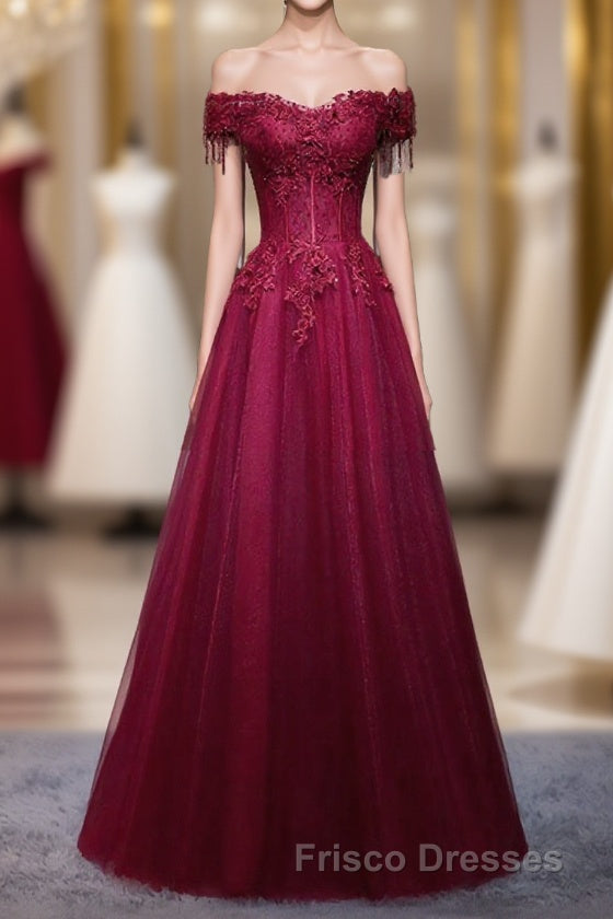 Burgundy Tulle Lace Off Shoulder Long Formal Prom Dress, Burgundy Lace Evening Dress Main image
