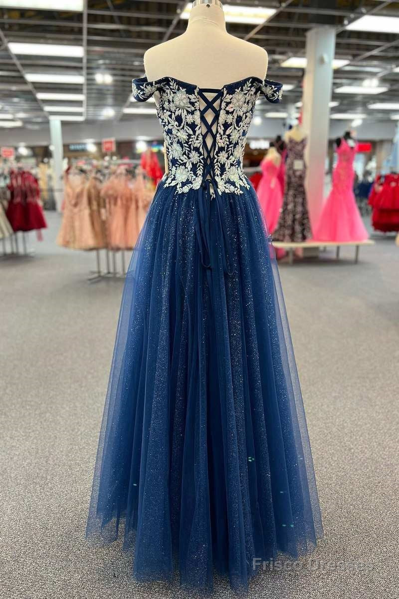 Navy Blue Floral Applique Lace-Up A-Line Long Prom Dress Secondary image