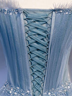 Blue Sweetheart Tulle Sequin Long Prom Dress, Blue Formal Dress, 1