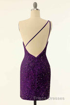 Pink Sequin One-Shoulder Backless Short Formal Prom Dress