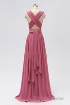 Dusty Rose Chiffon Wrap A-Line Long Bridesmaid Dress